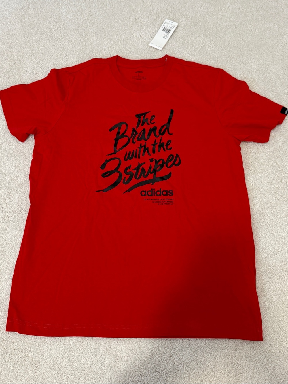 Adidas Men Red Short Sleeve Tee with Black Script Chest Graphic